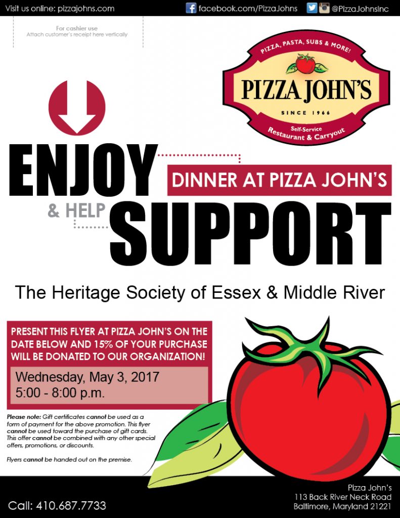 Pizza Johns Fundraiser Heritage Society of Essex and Middle River